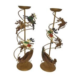 Vintage Christmas Brass Spiral Reindeer Sleigh Candle Holders Decor Set of 2